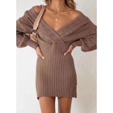 批发欧洲站时尚V领针织连衣裙2025秋冬新款麻花中长款毛衣<b class='q'>包臀</b>裙