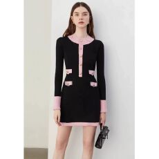 批发韩国高级感小香风黑色<b class='q'>连衣裙</b>女法式拼色短裙针织裙深圳南油高端款