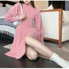 批发韩国仿貂毛高级感小个子显高针织<b class='q'>连衣裙</b>收腰显瘦OL打底毛衣裙