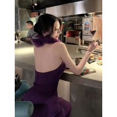 批发韩国性感小心机挂脖毛毛露肩针织连衣裙女优雅名媛显身材party裙