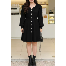 批发韩国大码女Chic胖mm V领灯笼袖长袖针织连衣裙2026早<b class='q'>春</b>显瘦打底裙