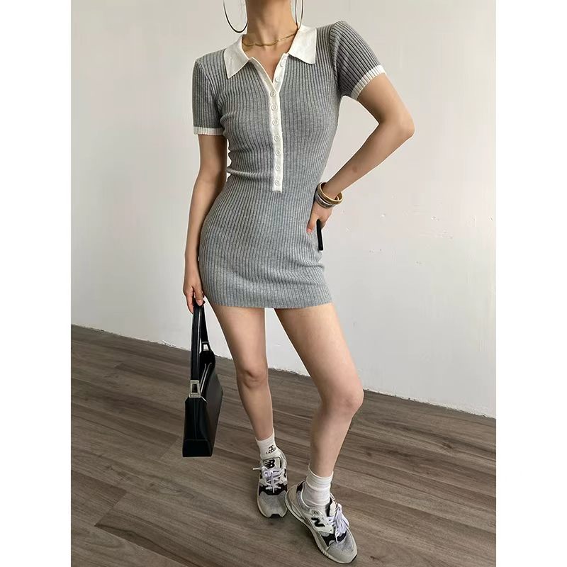 acupstudio 강 오른쪽 상단 아메리칸 배색 POLO 칼라 쇼트 스타일 타이트 스커트 드레스 몸매 가꾸기 디스플레이 품격 니트 원피스