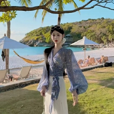 批发XU·JING蓝色<b class='q'>雪纺</b>一片式绑带上衣+白色蕾丝裤脚花边松紧腰<b class='q'>长裤</b>