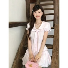 批发法式甜美粉色蝴蝶结短袖衬衫蕾丝花边半身裙两件套女夏季新款套装