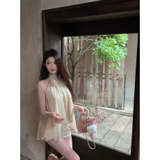 批发FairyJiang 夏季香槟色挂脖雪纺衫a字上衣女无袖宽松小衫薄款衬衫