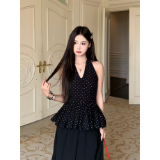 批发3MER哦哦三妹 法式露背气质波点挂脖吊带背心春夏显瘦无袖上衣女