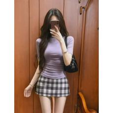 批发法式气质修身<b class='q'>百搭</b>紫色上衣格纹短裙女夏季新款小个子显瘦两件套装