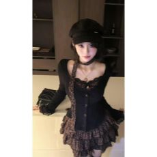 批发纯欲甜辣妹套装裙女早秋季假两件<b class='q'>蕾丝</b>豹纹上衣穿搭蛋糕裙子两件套