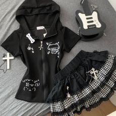 批发日系可爱亚文化套装夏日宅系连帽上衣短袖女蓬蓬蛋糕裙短裙两件套