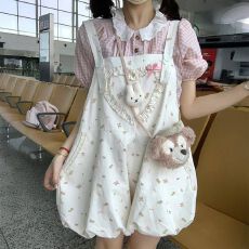 批发日系甜美可爱蝴蝶结碎花背带裙裤粉色格子娃娃领<b class='q'>衬衫</b>夏季新款套装