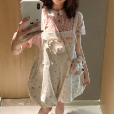 批发初夏日系甜美可爱风爱心大蝴蝶结背带卡通裤+粉色衬衫女两件<b class='q'>套装</b>