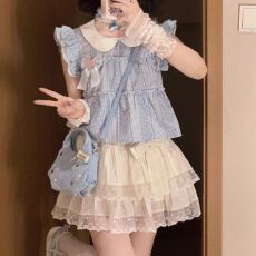 批发夏季新款两件套装日系小个子甜美学院风格子拼接上衣蛋糕半身裙女