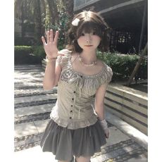 批发可爱亚文化宅萌系古早感<b class='q'>格子</b>花边短袖上衣女夏休闲百搭花苞裙<b class='q'>套装</b>