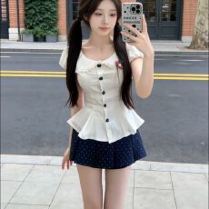 批发法式甜美娃娃领收腰绑带泡泡袖上衣女春夏新款波点半身裙两件<b class='q'>套装</b>