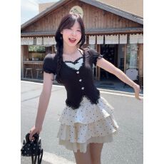 批发甜美<b class='q'>时尚</b>假两件上衣收腰短裙两件套夏季日系软妹t恤蓬蓬裙套装女