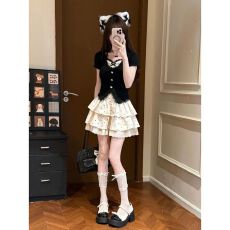 批发甜美<b class='q'>时尚</b>假两件上衣收腰短裙两件套夏季日系软妹t恤蓬蓬裙套装女