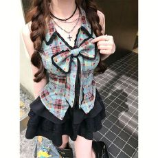 批发法式纯欲蝴蝶结格纹上衣蛋糕裙两件套女夏季小个子显瘦设计感<b class='q'>套装</b>