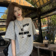 批发原版做工+纯棉植绒刺绣夏季美式复古波点短袖T恤女甜辣上衣