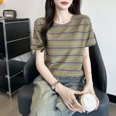 批发韩系复古条纹<b class='q'>短袖</b><b class='q'>T</b><b class='q'>恤</b>女夏季新款2026百搭撞色宽松显瘦上衣潮