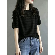批发褶皱提花圆领<b class='q'>短袖</b><b class='q'>T</b><b class='q'>恤</b>女夏季新款薄款休闲宽松洋气显瘦上衣潮