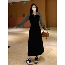 批发<b class='q'>大码</b>胖mm休闲polo领长袖连衣裙女春秋设计感收腰显瘦过膝卫衣长裙