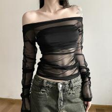 批发【<b class='q'>官</b>图<b class='q'>韩国</b><b class='q'>网</b>】欧美风小众设计感一字领露肩双层透视网纱辣妹上衣