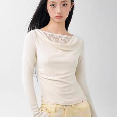 批发【官图人棉2*2螺纹260克】白色蕾丝拼接不规则长袖<b class='q'>T</b><b class='q'>恤</b>斜肩短上衣