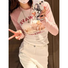 批发【官图螺纹德绒-220克】粉色甜辣短上衣<b class='q'>t</b><b class='q'>恤</b>春秋新款紧身露脐长袖