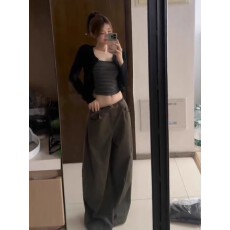 批发【官图莱雅消光210克】黑色长袖短开衫休闲通勤高级感两件套穿搭