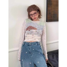 批发【<b class='q'>官</b>图<b class='q'>韩国</b><b class='q'>网</b>】甜美碎花小狗字母烫钻网纱假两件长袖T恤秋季上衣