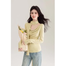 批发【官图人棉260克】秋冬2025新款长袖<b class='q'>T</b><b class='q'>恤</b>女修身显瘦纯色飘带打底衫