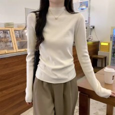 批发【官图德绒】美式复古修身显瘦长袖<b class='q'>T</b><b class='q'>恤</b>女时尚百搭简约半高领上衣