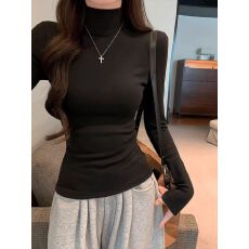 批发美式复古长袖T恤女秋冬新款时尚百搭休闲简约修身显瘦纯色<b class='q'>打底衫</b>