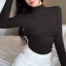 批发美式复古长袖T恤女秋冬新款时尚百搭休闲简约修身女士<b class='q'>打底衫</b>ins潮