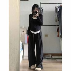 批发【官图冰丝】韩版<b class='q'>街头</b>辣妹长袖T恤女时尚百搭假两件女士上衣ins潮