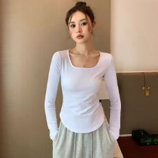 批发【官图莫代尔螺纹】美式<b class='q'>街头</b>纯色长袖T恤女秋冬新款修身显瘦上衣