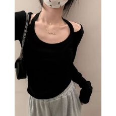 批发【官图人棉】韩版复古辣妹风长袖T恤女<b class='q'>时尚</b>百搭纯色修身显瘦上衣