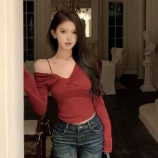 批发【官图人棉】美式复古<b class='q'>街头</b>长袖T恤女修身显瘦时尚百搭辣妹风上衣