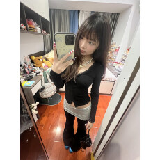 批发【官图冰丝螺纹】蕾丝拼接设计感V领长袖t恤女时尚百搭黑色上衣潮