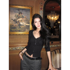 批发【官图冰丝螺纹】美式复古拼接设计感V领长袖t恤女时尚百搭上衣潮