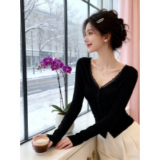 批发【官图冰丝螺纹】美式复古设计感拼接V领长袖t恤女时尚百搭上衣潮