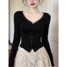 批发【官图冰丝螺纹】美式复古蕾丝拼接设计感长袖t恤女时尚百搭上衣