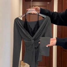 批发【官图人棉罗纹1x1-260克】美式纯欲风长袖T恤女扭结挂脖打底衫潮