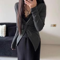 批发【官图人棉罗纹1x1-260克】美式复古纯欲风长袖T恤女扭结挂上衣