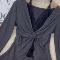 批发【官图人棉罗纹1x1-260克】美式复古纯欲风长袖T恤女扭结挂脖上衣