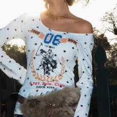 批发【官图冰丝螺纹】韩版复古星星满印<b class='q'>修身</b>显瘦长袖t恤女辣妹风上衣