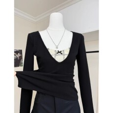 官图1*1螺纹德绒260克韩版纯欲风长袖t恤女设计感小众上衣ins