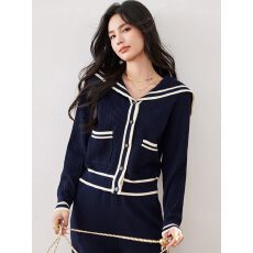 批发【官图针织】韩版休闲百搭洋气海军领针织毛衣阔腿裤女士潮流套装