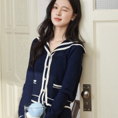 批发【官图针织】美式复古时尚百搭洋气海军领针织毛衣阔腿裤女士套装