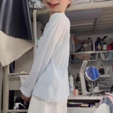 批发【官图天丝螺纹110克】美式复古长袖T恤女修身显瘦微透慵懒风上衣